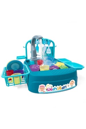 Toy Dish Washing Set - Modern Sink Play Set with Fountain Turquoise and Pink Color 7866512 - GALTOYS
