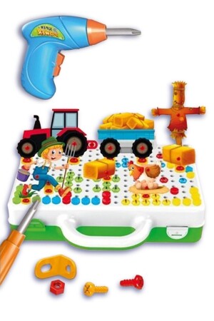 Toy Drill (Battery Operated) and Repair Bag - 340 Pieces - Farm Themed - Smartfox