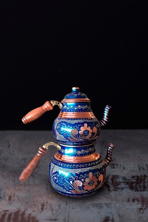 Traditional Erzincan Embroidered Blue Copper Teapot Medium Size ERZCAY-1001 - Batur Ticaret