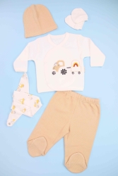 Traktör Kabartmalı Organik Pamuk Bej 5'li Yeni Doğan Bebek Takım G30861M31112 - Babyim