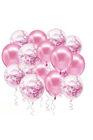 Transparent Balloon with Pink Confetti Metallic Pink Balloon Set 20 Pieces - Parti Dolabı