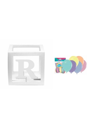 Transparent Box White with Letter R and Balloon Set - Doğumgünü Marketim