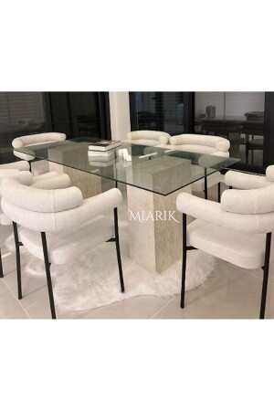 Travertine Marble Cup Legs Glass Top Dining Table - Miarik Design & Dekorasyon