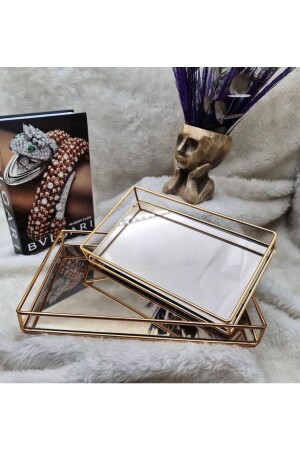 Tray Rectangular Gold Set of 2 Chrome Detailed Mirrored Promise Engagement Presentation Tray set tray - Sky Design