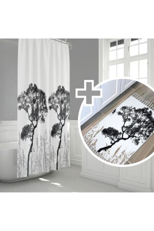 Tree Pattern Bathroom Curtain + Mat Set - Non-slip Base Door Mat Set - 180x200 Cm Bathroom Curtain Set - Tropikhome