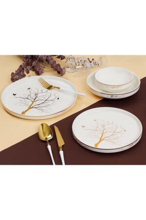 Tree Pattern White Gold 24 Pieces Porcelain Dinner Set for 6 Persons Ekselans-320 EKSELANS-320 - Sembol