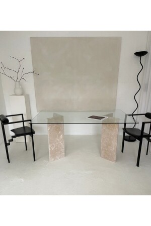 Triangel - Doğal Traverten Yemek Masası Cam Yemek Masası 90*170 - Sümeyra Marble Art
