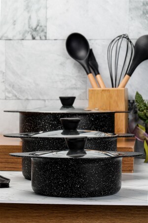 Trio 6-teiliges Granit-Kochgeschirrset mit Silikongriff, Schwarz 153. EVY. 00672 - Taç