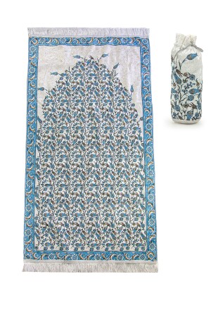 Tulip Embroidered Prayer Rug with Silk Textured Carrying Bag - Blue - Ihvanonline
