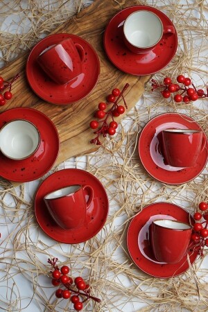 Tulu Porcelain Luna Red Set of 6 Coffee Cups 2020ST000000730 - Tulü Porselen
