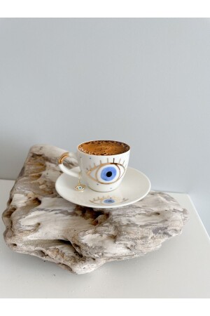 Türkische Kaffeetasse aus 24 Karat vergoldetem Porzellan mit bösem Blick – 80 cc MUGPORSGOZ - Mugtasarım
