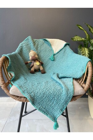 Turquoise-ecru Muslin Baby Blanket 500010001 - YASEMİNİNEVİ