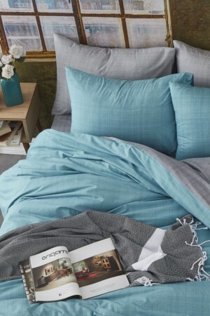 Turquoise Gray Reversible Double Duvet Cover Set 1017 - BONJARDİNHOME