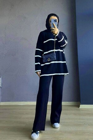 Two Color Seasonal Thick Woven Fabric Knitwear Set Navy Blue - Şule Giyim