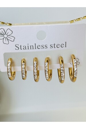 ÜÇLÜ SET ÇELİK GOLD RENK ZİRCON TAŞLI HALKA KÜPE 12 MM - 15 MM - 18 MM - Koala Company