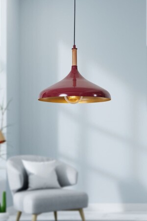 Ufo Single Claret Red Metal Pendant Lamp Chandelier with Wooden Parts LZRNSRKT49 - Luzarana