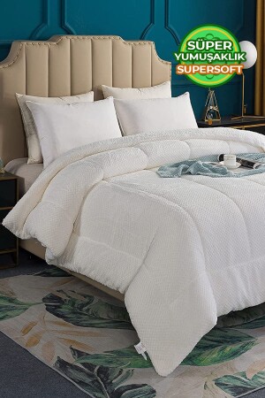 Ultraweiche doppelseitige Wellsoft-Plüschbettdecke für Doppelbett (Decke/Bettbezug), 200 x 220 cm, Creme, Q-YRG-55678 - Evlen Home Collection
