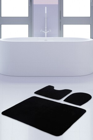 MNZ-Unicolor Plain Black 3-piece حمام المطبخ السجادة المجموعة غير المنزلقة المرحاض المجموعة BnyUnicolor3li - Bonny Home