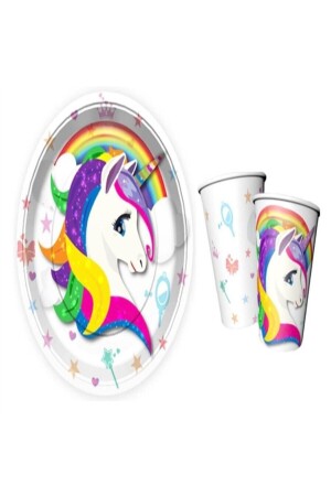 Unicorn Themed Paper Plate and Cup Party Set for 8 People - Ecepinkblue