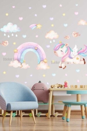 Unicorn Ve Gökkuşağı Set Çocuk Odası Duvar Sticker SSTCKREKSP673 - Sticker Ekspres