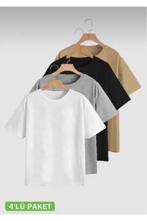 Unisex 4’lü Hazır Paket Siyah - Gri - Beyaz - Kahve Slimfitt T-shirt - Jakarli