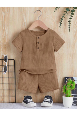 Unisex Bebek&Çocuk %100 Pamuklu Düğmeli Müslin Alt Üst Şort Takım-Kahverengi - Bubito