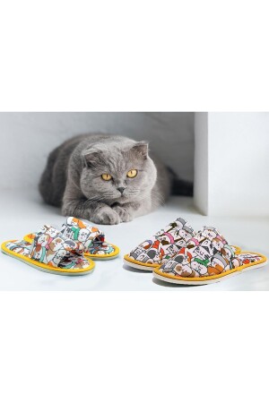 Unisex Beyaz Kedi Desenli Yumuşak Tabanlı Ev Terlik - Chochili