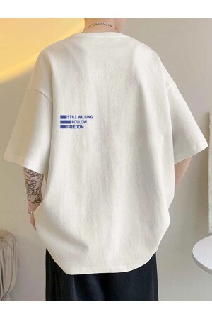 Unisex Beyaz Oversiz Still Follow Freedom Baskılı Örme T-shirt - Vbsvibes