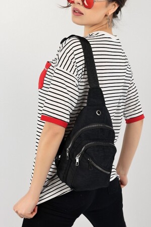 Unisex Black Side Crossover Chest and Waist Bag - Bag with Headphone USB Port and Mobile Phone Compartment - Çanta