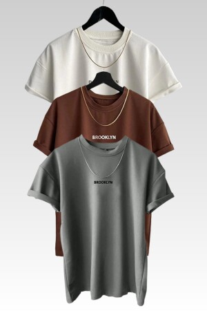 Unisex Brooklyn Baskılı 3lü Paket Kahve-gri-beyaz T-shirt - Modagen