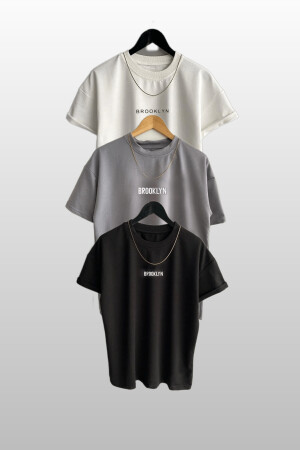 Unisex Brooklyn Baskılı 3lü Paket Siyah-Beyaz-Gri T-Shirt - Modagen