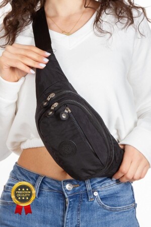 Unisex Crinkle Stoff Taille und Kreuzgurt Brust Umhängetasche Freebag Schwarz - Adelina Bags