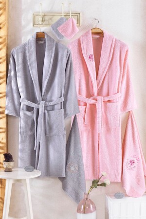 Unisex Gray Güvenal Cotton 8 Piece Family Bathrobe Set - Güvenal