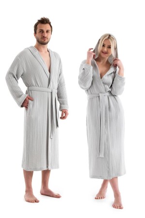 Unisex Hooded 4 Layer Muslin Bathrobe - Gray - Denizli Concept