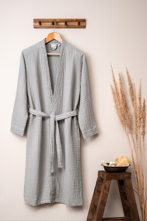 Unisex Kimono 4 Kat Müslin Bornoz Gri - Denizli Concept