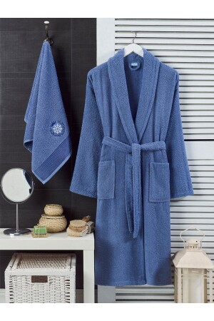 Unisex Lacivert Havlulu Bornoz 2li Set - Rebeka