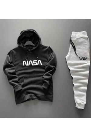 Unisex Nasa Written Black Hooded Gray Tracksuit Set - Elsi