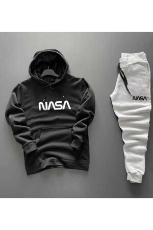 Unisex Nasa Written Black Hooded Gray Tracksuit Set TYC00555374023 - ELSİ