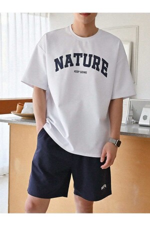 unisex nature baskılı beyaz lacivert şortlu takım - Trendgar