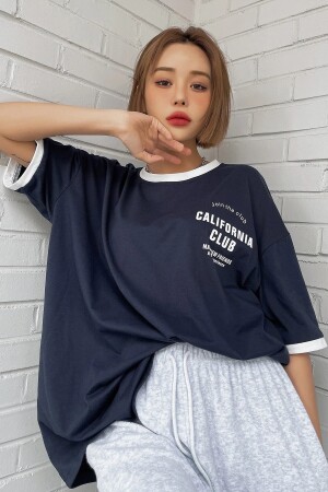 Unisex Navy Blue Collar Sleeve Detailed California Club Printed Oversize T-shirt - Modagen