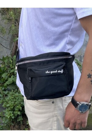 Unisex Plain Black Canvas Fabric Soft Waist Bag 2 Compartments Adjustable Stylish Crossbody Bag Freebag - Yafes