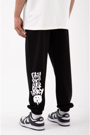 Unisex Slimfit Siyah Paça Lastikli Chill Out Baskılı Eşofman Altı - Pandy