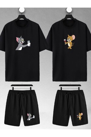 Unisex Tom Ve Jerry Baskılı Sevgili Çift Kombini Oversize Tshirt Ve Şort - Feccy