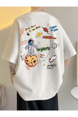 Unisex White Planet Printed Oversize Crew Neck Tshirt BN-1533 - Daxia
