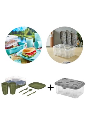 Urve 6 Person Camping Travel Picnic Set and Tea Cup Carrying Equipment Container 2 in 1 Green P4982 - Piev
