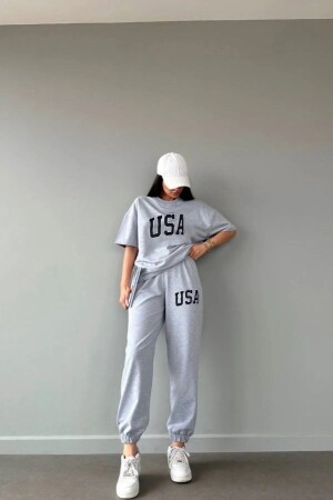 Usa T-shirt Eşofman Altı Jogger- Gri Baskılı Alt Üst Eşofman Takım Oversize Bisiklet Yaka - Clayes