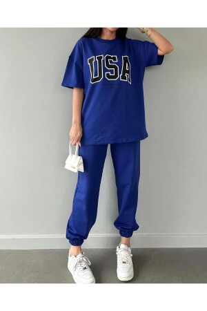 Usa T-shirt Eşofman Altı Jogger- Mavi Baskılı Alt Üst Eşofman Takım Oversize Bisiklet Yaka - Clayes