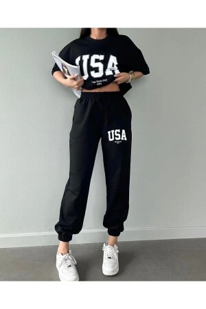 Usa T-shirt Eşofman Altı Jogger- Siyah Baskılı Alt Üst Eşofman Takım Oversize Bisiklet Yaka - Clayes