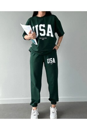 Usa T-shirt Eşofman Altı Jogger- Yeşil Baskılı Alt Üst Eşofman Takım Oversize Bisiklet Yaka - Clayes