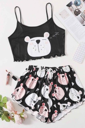 Uyuyan Ayıcık Basklı Ultrasoft Askılı Sortlu Pijama Takımı - Merry See